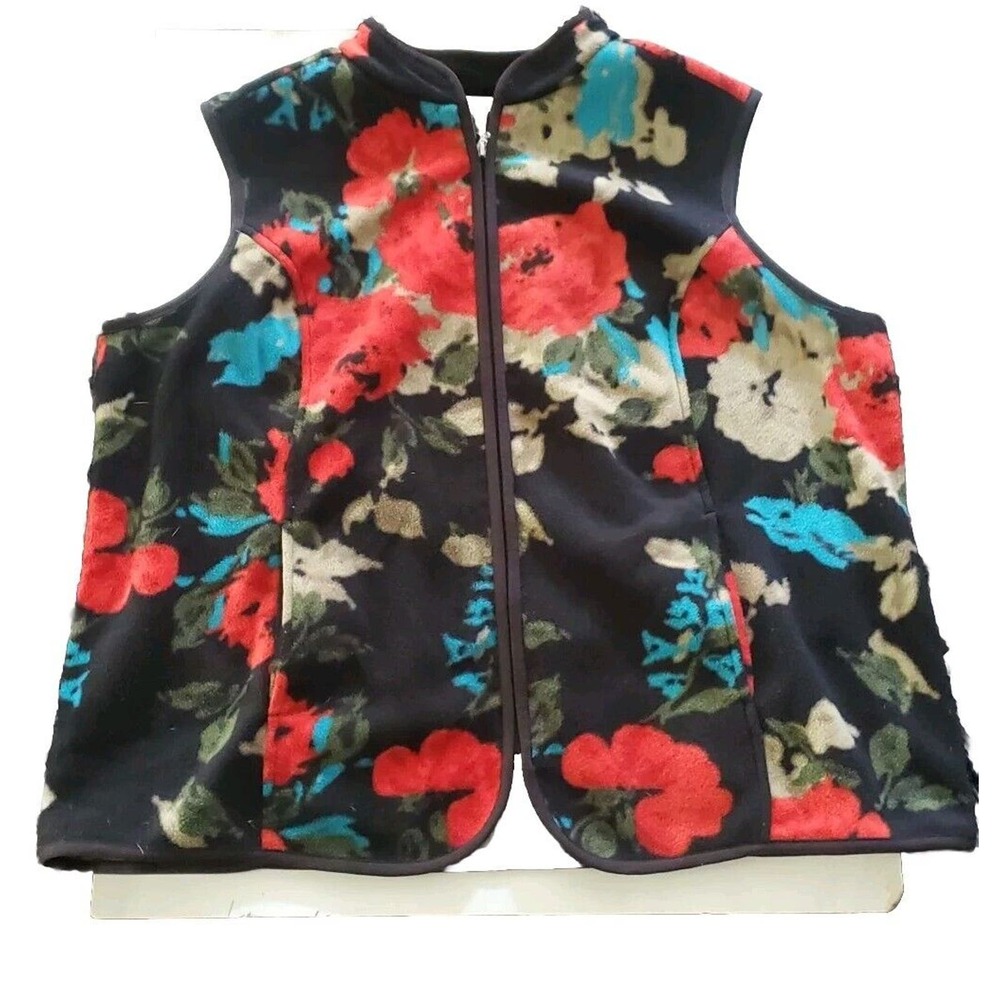 Susan Graver 1X Fleece Zip Up Sleeveless Floral Red Black Pockets Vest